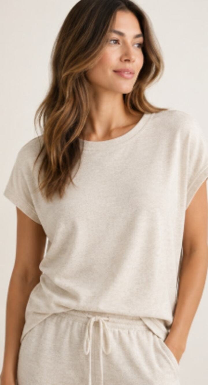 Quince Brushed Short Sleeve Lounge Tee – Heather Oatmeal – Small